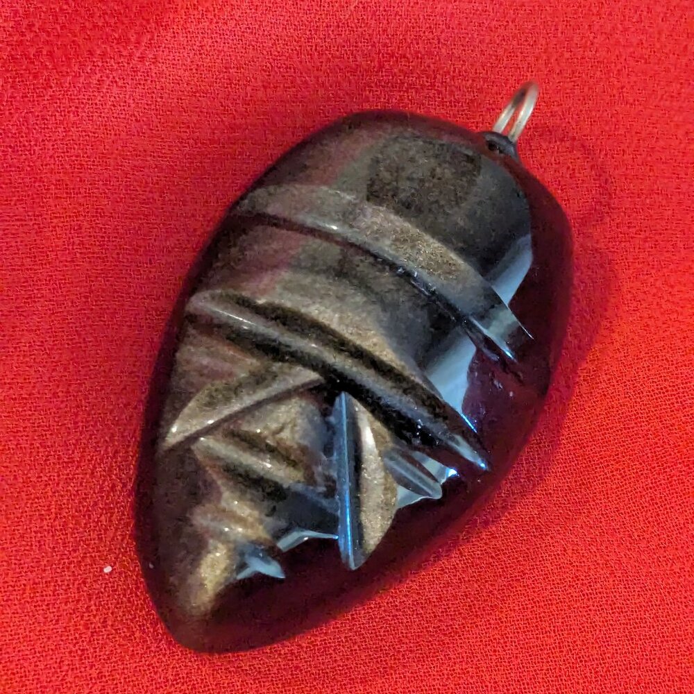 Vintage Carved Gold Sheen Obsidian Mask Pendant Tribal Boho Stone Jewelry